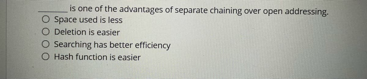 is one of the advantages of separate chaining over open addressing.
Space used is less
O Deletion is easier
Searching has better efficiency
O Hash function is easier