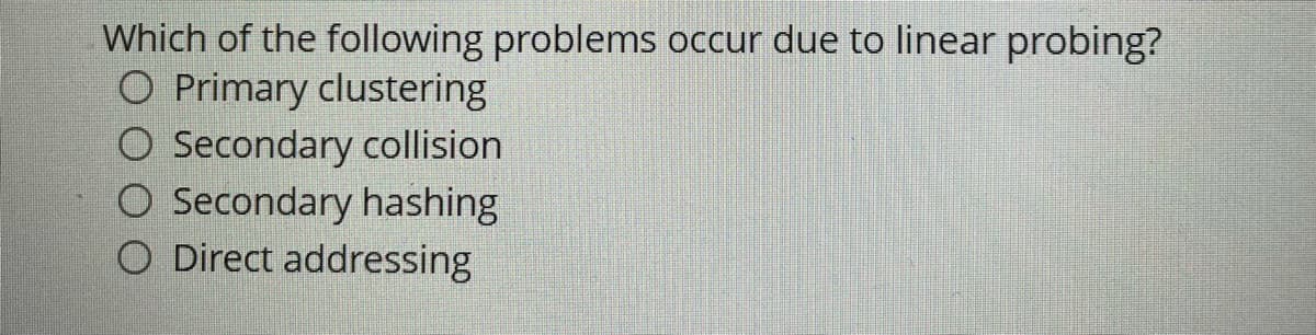 Which of the following problems occur due to linear probing?
O Primary clustering
Secondary collision
O Secondary hashing
O Direct addressing