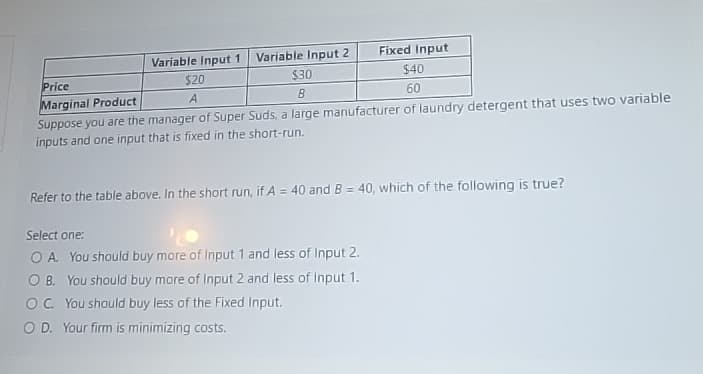 Variable Input 1 Variable Input 2
Fixed Input
$30
$20
$40
Price
A
Marginal Product
60
B
Suppose you are the manager of Super Suds, a large manufacturer of laundry detergent that uses two variable
inputs and one input that is fixed in the short-run.
Refer to the table above. In the short run, if A = 40 and B = 40, which of the following is true?
Select one:
O A. You should buy more of Input 1 and less of Input 2.
O B. You should buy more of Input 2 and less of Input 1.
OC. You should buy less of the Fixed Input.
O D. Your firm is minimizing costs.
