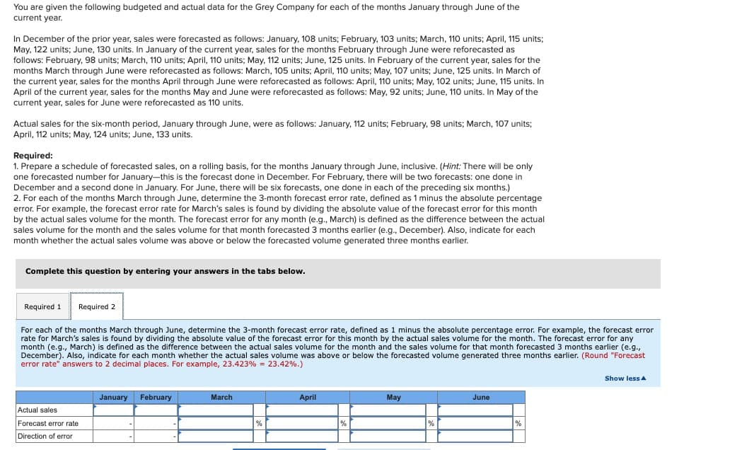 You are given the following budgeted and actual data for the Grey Company for each of the months January through June of the
current year.
In December of the prior year, sales were forecasted as follows: January, 108 units; February, 103 units; March, 110 units; April, 115 units;
May, 122 units; June, 130 units. In January of the current year, sales for the months February through June were reforecasted as
follows: February, 98 units; March, 110 units; April, 110 units; May, 112 units; June, 125 units. In February of the current year, sales for the
months March through June were reforecasted as follows: March, 105 units; April, 110 units; May, 107 units; June, 125 units. In March of
the current year, sales for the months April through June were reforecasted as follows: April, 110 units; May, 102 units; June, 115 units. In
April of the current year, sales for the months May and June were reforecasted as follows: May, 92 units; June, 110 units. In May of the
current year, sales for June were reforecasted as 110 units.
Actual sales for the six-month period, January through June, were as follows: January, 112 units; February, 98 units; March, 107 units;
April, 112 units; May, 124 units; June, 133 units.
Required:
1. Prepare a schedule of forecasted sales, on a rolling basis, for the months January through June, inclusive. (Hint: There will be only
one forecasted number for January-this is the forecast done in December. For February, there will be two forecasts: one done in
December and a second done in January. For June, there will be six forecasts, one done in each of the preceding six months.)
2. For each of the months March through June, determine the 3-month forecast error rate, defined as 1 minus the absolute percentage
error. For example, the forecast error rate for March's sales is found by dividing the absolute value of the forecast error for this month
by the actual sales volume for the month. The forecast error for any month (e.g., March) is defined as the difference between the actual
sales volume for the month and the sales volume for that month forecasted 3 months earlier (e.g., December). Also, indicate for each
month whether the actual sales volume was above or below the forecasted volume generated three months earlier.
Complete this question by entering your answers in the tabs below.
Required 1
Required 2
For each of the months March through June, determine the 3-month forecast error rate, defined as 1 minus the absolute percentage error. For example, the forecast error
rate for March's sales is found by dividing the absolute value of the forecast error for this month by the actual sales volume for the month. The forecast error for any
month (e.g., March) is defined as the difference between the actual sales volume for the month and the sales volume for that month forecasted 3 months earlier (e.g.,
December). Also, indicate for each month whether the actual sales volume was above or below the forecasted volume generated three months earlier. (Round "Forecast
error rate" answers to 2 decimal places. For example, 23.423% = 23.42%.)
Actual sales
Forecast error rate
Direction of error
January February
March
%
April
%
May
%
June
%
Show less A