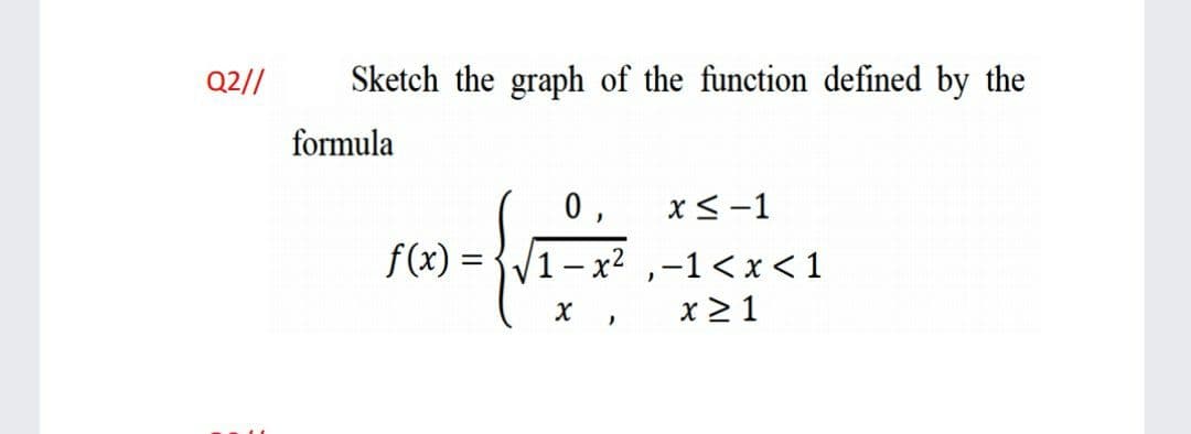 Q2//
Sketch the graph of the function defined by the
formula
0 ,
x<-1
f(x) =
1– x2 ,-1< x <1
x 2 1
