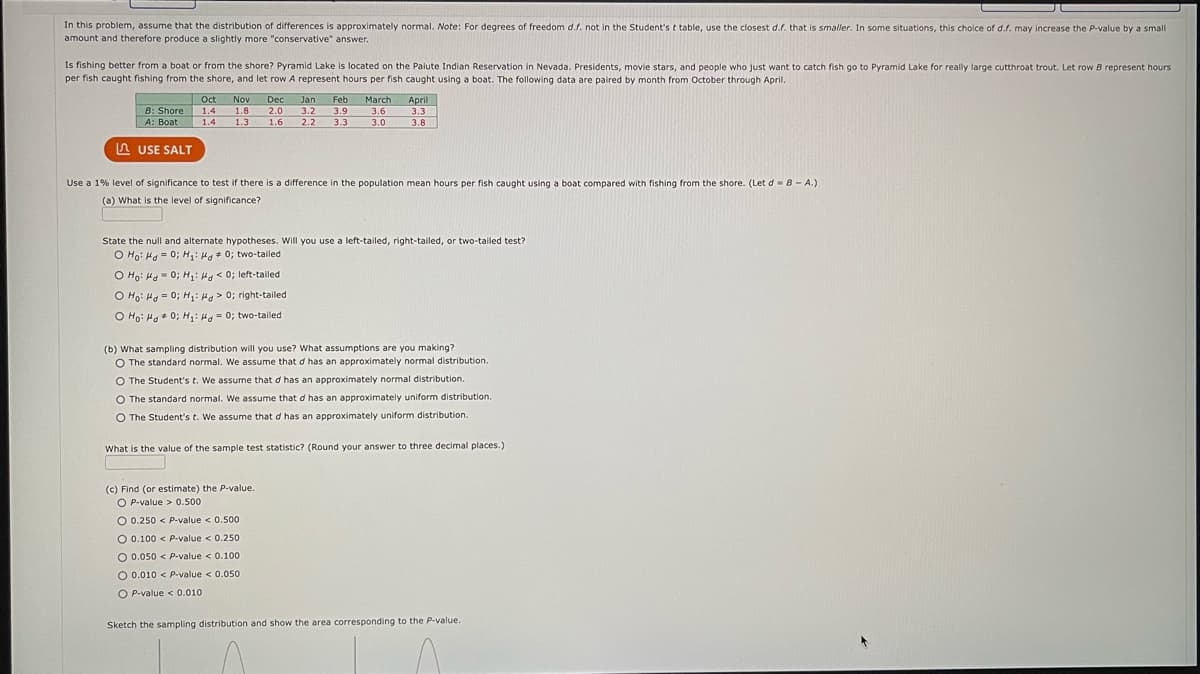 In this problem, assume that the distribution of differences is approximately normal. Note: For degrees of freedom d.f. not in the Student's t table, use the closest d.f. that is smaller. In some situations, this choice of d.f. may increase the P-value by a small
amount and therefore produce a slightly more "conservative" answer.
Is fishing better from a boat or from the shore? Pyramid Lake is located on the Paiute Indian Reservation in Nevada. Presidents, movie stars, and people who just want to catch fish go to Pyramid Lake for really large cutthroat trout. Let row B represent hours.
per fish caught fishing from the shore, and let row A represent hours per fish caught using a boat. The following data are paired by month from October through April.
B: Shore
A: Boat
USE SALT
Oct Nov Dec Jan Feb
1.4 1.8 2.0 3.2 3.9
1.4 1.3 1.6 2.2 3.3
March
3.6
3.0
Use a 1% level of significance to test if there is a difference in the population mean hours per fish caught using a boat compared with fishing from the shore. (Let d = B - A.)
(a) What is the level of significance?
April
3.3
3.8
State the null and alternate hypotheses. Will you use a left-tailed, right-tailed, or two-tailed test?
O Ho Hd=0; H₁: H0; two-tailed
O Ho: Hd=0; H₁: Hg < 0; left-tailed
O Ho: Hg = 0; H₁: >0; right-tailed
O Ho: H0; H₁: Hg = 0; two-tailed
(b) What sampling distribution will you use? What assumptions are you making?
O The standard normal. We assume that d has an approximately normal distribution.
O The Student's t. We assume that d has an approximately normal distribution.
O The standard normal. We assume that d has an approximately uniform distribution.
O The Student's t. We assume that d has an approximately uniform distribution.
(c) Find (or estimate) the P-value.
OP-value> 0.500
O 0.250 < P-value < 0.500
What is the value of the sample test statistic? (Round your answer to three decimal places.)
O 0.100 < P-value < 0.250
O 0.050 < P-value < 0.100
O 0.010 < P-value < 0.050
OP-value < 0.010
Sketch the sampling distribution and show the area corresponding to the P-value.