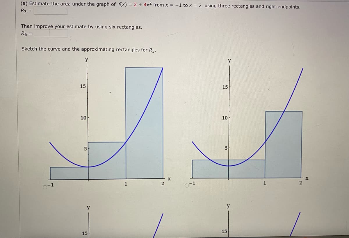 (a) Estimate the area under the graph of f(x) = 2 + 4x2 from x = -1 to x = 2 using three rectangles and right endpoints.
R3 =
Then improve your estimate by using six rectangles.
R6 =
Sketch the curve and the approximating rectangles for R3.
y
15
15
10
10
5
1
2
1
o-1
y
y
15
15
