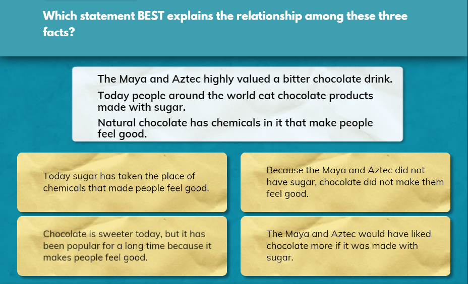 Which statement BEST explains the relationship among these three
facts?
The Maya and Aztec highly valued a bitter chocolate drink.
Today people around the world eat chocolate products
made with sugar.
Natural chocolate has chemicals in it that make people
feel good.
Today sugar has taken the place of
chemicals that made people feel good.
Because the Maya and Aztec did not
have sugar, chocolate did not make them
feel good.
Chocolate is sweeter today, but it has
been popular for a long time because it
makes people feel good.
The Maya and Aztec would have liked
chocolate more if it was made with
sugar.
