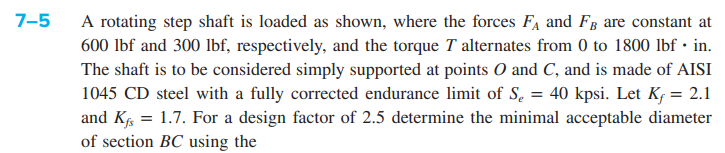 7-5
A rotating step shaft is loaded as shown, where the forces FA and Fg are constant at
600 lbf and 300 lbf, respectively, and the torque T alternates from 0 to 1800 lbf • in.
The shaft is to be considered simply supported at points O and C, and is made of AISI
1045 CD steel with a fully corrected endurance limit of S. = 40 kpsi. Let K; = 2.1
and Kf = 1.7. For a design factor of 2.5 determine the minimal acceptable diameter
of section BC using the
