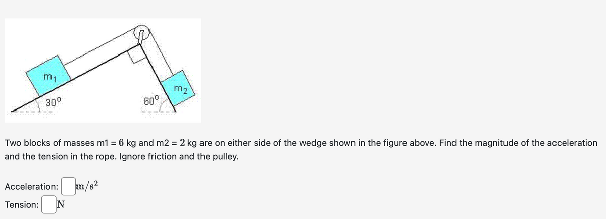 m₁
30°
m2
60°
Two blocks of masses m1 = 6 kg and m2 = 2 kg are on either side of the wedge shown in the figure above. Find the magnitude of the acceleration
and the tension in the rope. Ignore friction and the pulley.
Acceleration: ☐ m/s²
Tension: ☐ N