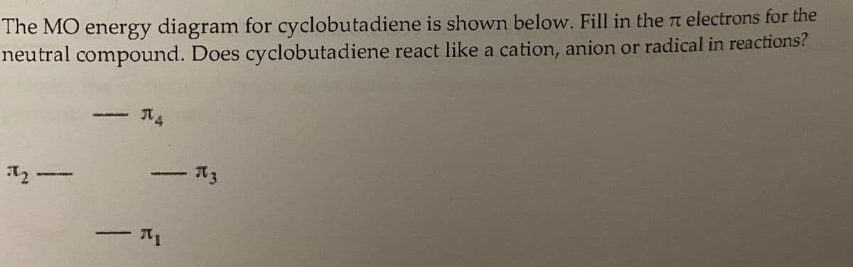 The MO energy diagram for cyclobutadiene is shown below. Fill in the n electrons for the
neutral compound. Does cyclobutadiene react like a cation, anion or radical in reactions?
