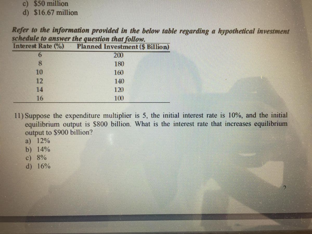 c) $50 million
d) $16.67 million
Refer to the information provided in the below table regarding a hypothetical investment
schedule to answer the question that follow.
Interest Rate (%)
Planned Investment ($ Billion)
200
161
8.
180
10
160
12
140
14
120
16
100
11) Suppose the expenditure multiplier is 5, the initial interest rate is 10%, and the initial
equilibrium output is $800 billion. What is the interest rate that increases equilibrium
output to $900 billion?
a) 12%
b) 14%
c) 8%
d) 16%
