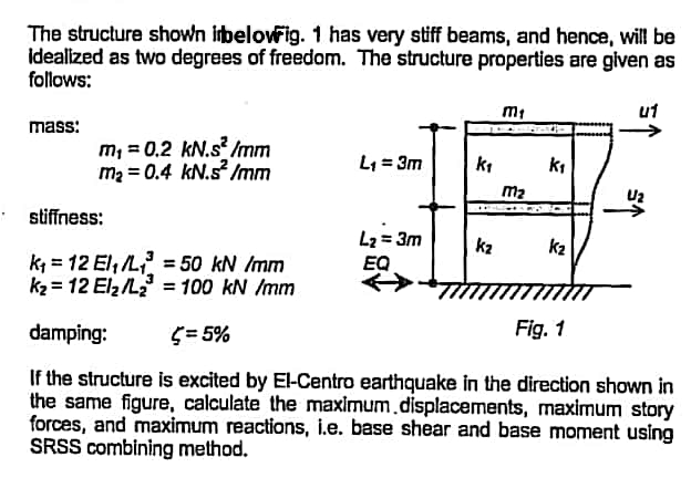 The structure shown irbelowig. 1 has very stiff beams, and hence, will be
Idealized as two degrees of freedom. The structure properties are given as
follows:
mass:
m₁ = 0.2 kN.s² /mm
m₂ = 0.4 kN.s² /mm
stiffness:
K₁= 12 El₁/L₁ = 50 kN /mm
k₂= 12 El₂/L₂ = 100 kN/mm
L₁ = 3m
L₂=3m
EQ
k₁
kz
M₂
K₁
K₂
5
Fig. 1
41
U2
damping:
5= 5%
If the structure is excited by El-Centro earthquake in the direction shown in
the same figure, calculate the maximum displacements, maximum story
forces, and maximum reactions, i.e. base shear and base moment using
SRSS combining method.