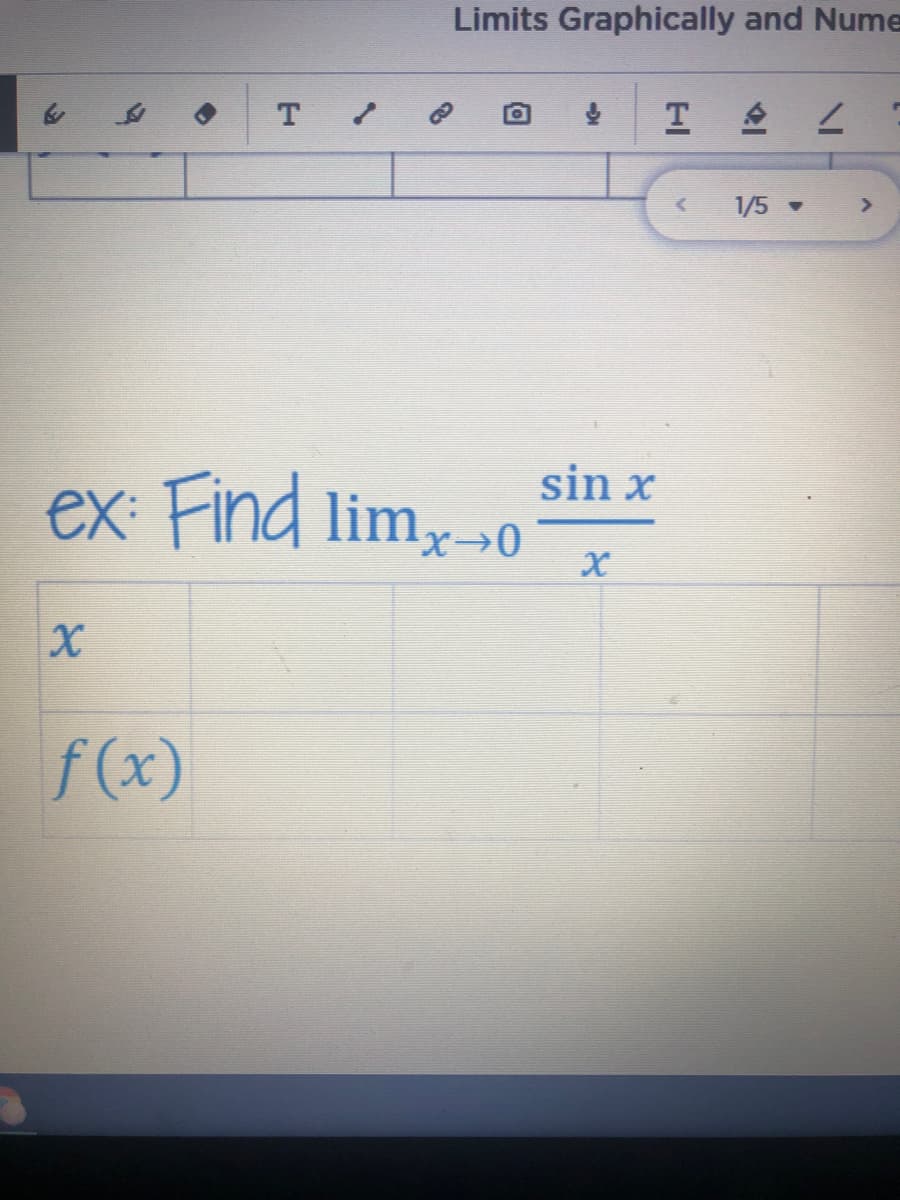 Limits Graphically and Nume
T.
1/5 •
<>
sin x
ex: Find lim,-»0
f (x)
