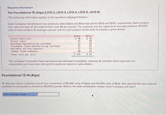 Required information.
The Foundational 15 (Algo) (LO13-2, LO13-3, LO13-4, LO13-5, LO13-6)
[The following information applies to the questions displayed below.]
Cane Company manufactures two products called Alpha and Beta that sell for $150 and $105, respectively. Each product
uses only one type of raw material that costs $5 per pound. The company has the capacity to annually produce 107,000
units of each product. Its average cost per unit for each product at this level of activity is given below:
Direct materials
Direct labor.
Variable manufacturing overhead
Traceable fixed manufacturing overhead.
Variable selling expenses.
Common fixed expenses
Total cost per unit
Alpha
$ 30
25
12
21
17
20
$125
Beta
$ 10
20
10
23
13
15
$.91
The company's traceable fixed manufacturing overhead is avoidable, whereas its common fixed expenses are
unavoidable and have been allocated to products based on sales dollars.
Foundational 13-14 (Algo)
14. Assume Cane's customers would buy a maximum of 85,000 units of Alpha and 65,000 units of Beta. Also assume the raw material
available for production is limited to 166,000 pounds. What is the total contribution margin Cane Company will earn?
Total contribution margin