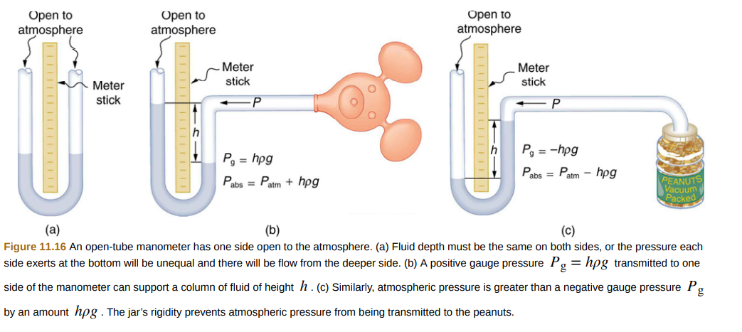 Open to
atmosphere
Open to
atmosphere
Open to
atmosphere
Meter
Meter
Meter
stick
stick
stick
P
P, = -hpg
P, = hpg
Pabs = Patm - hpg
PEANUTS
Vacuum
Packed
Pabs = Patm + hpg
(а)
(b)
(c)
Figure 11.16 An open-tube manometer has one side open to the atmosphere. (a) Fluid depth must be the same on both sides, or the pressure each
side exerts at the bottom will be unequal and there will be flow from the deeper side. (b) A positive gauge pressure Pg = hpg transmitted to one
side of the manometer can support a column of fluid of height h. (c) Similarly, atmospheric pressure is greater than a negative gauge pressure P
g
by an amount hpg . The jar's rigidity prevents atmospheric pressure from being transmitted to the peanuts.
