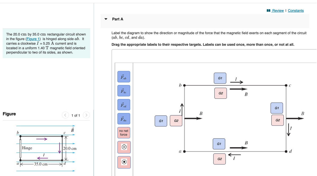 The 20.0 cm by 35.0 cm rectangular circuit shown
in the figure (Figure 1) is hinged along side ab. It
carries a clockwise I = 5.25 A current and is
located in a uniform 1.40 T magnetic field oriented
perpendicular to two of its sides, as shown.
Figure
b
a
Hinge
-35.0 cm
1 of 1 >
20.0 cm
Part A
Label the diagram to show the direction or magnitude of the force that the magnetic field exerts on each segment of the circuit
(ab, bc, cd, and da).
Drag the appropriate labels to their respective targets. Labels can be used once, more than once, or not at all.
Fab
Fbc
cd
F'da
no net
force
O
G1
G2
b
a
B
G1
G2
G1
G2
B
Review | Constants
B
G1
G2
d
B