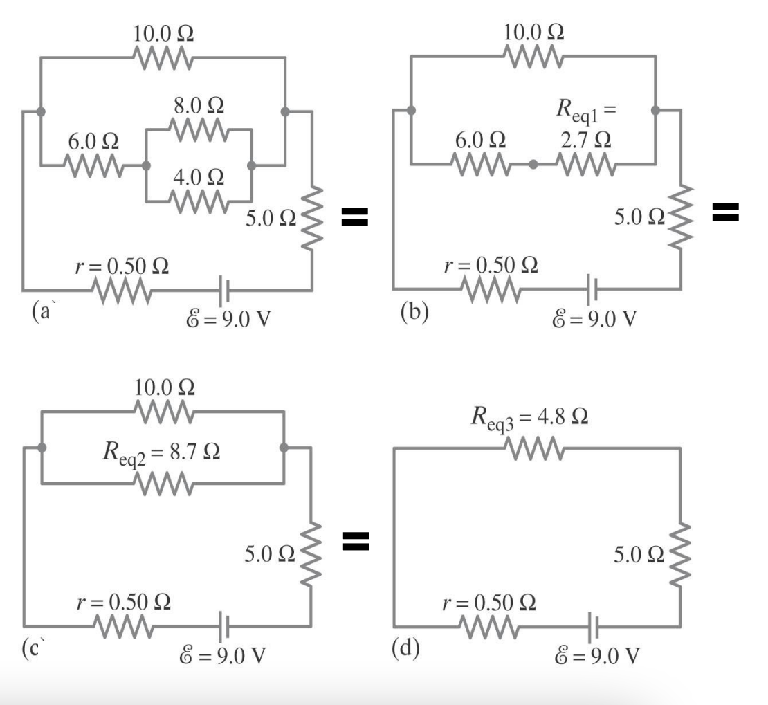 (a
Μ
6.0 Ω
10.0 Ω
Μ
Μ
4.0 Ω
Μ
r = 0.50 Ω
ww
8.0 Ω
10.0 Ω
Μ
r= = 0.50 Ω
Μ
8 = 9.0 V
Req2 = 8.7 Ω
Μ
5.0 Ω
5.0 Ω
8 = 9.0 V
Μ
Μ
II
II
(b)
(d)
10.0 Ω
6.0 Ω
WowW
r = 0.50 Ω
Reql =
2.7 Ω
r = 0.50 Ω
Μ
Req3 = 4.8 Ω
Ά
5.0 Ω
8 = 9.0 V
5.0 Ω
8 = 90 V
Μ
II