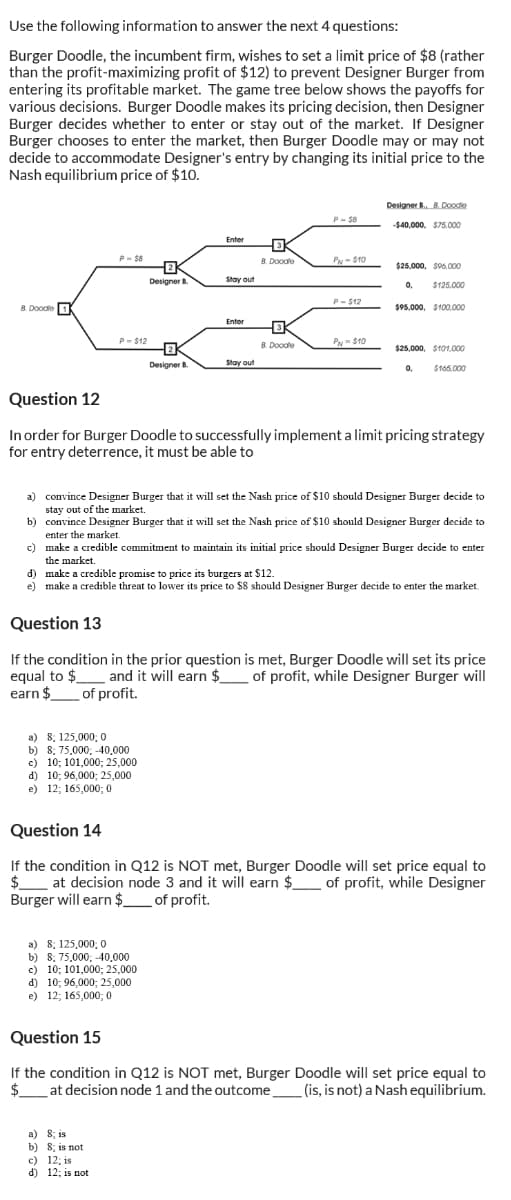 Use the following information to answer the next 4 questions:
Burger Doodle, the incumbent firm, wishes to set a limit price of $8 (rather
than the profit-maximizing profit of $12) to prevent Designer Burger from
entering its profitable market. The game tree below shows the payoffs for
various decisions. Burger Doodle makes its pricing decision, then Designer
Burger decides whether to enter or stay out of the market. If Designer
Burger chooses to enter the market, then Burger Doodle may or may not
decide to accommodate Designer's entry by changing its initial price to the
Nash equilibrium price of $10.
B. Doodle
P-$12
Designer B., B. Doodle
P-58
-$40,000, $75.000
Enter
B. Doodle
PN-$10
$25,000, $96,000
Designer B.
Stay out
0.
$125,000
P-$12
$95,000, $100,000
Enter
B. Doodle
PN-$10
$25,000, $101,000
Designer B.
Stay out
0. $165.000
Question 12
In order for Burger Doodle to successfully implement a limit pricing strategy
for entry deterrence, it must be able to
a) convince Designer Burger that it will set the Nash price of $10 should Designer Burger decide to
stay out of the market.
b) convince Designer Burger that it will set the Nash price of $10 should Designer Burger decide to
enter the market.
c) make a credible commitment to maintain its initial price should Designer Burger decide to enter
the market.
d) make a credible promise to price its burgers at $12.
e) make a credible threat to lower its price to $8 should Designer Burger decide to enter the market.
Question 13
If the condition in the prior question is met, Burger Doodle will set its price
equal to $ and it will earn $ of profit, while Designer Burger will
earn $of profit.
a) 8; 125,000; 0
b) 8; 75,000; -40,000
c) 10; 101,000; 25,000
d) 10; 96,000; 25,000
e) 12; 165,000; 0
Question 14
If the condition in Q12 is NOT met, Burger Doodle will set price equal to
$ at decision node 3 and it will earn $_ of profit, while Designer
Burger will earn $ _____ of profit.
a) 8; 125,000; 0
b) 8; 75,000; -40,000
c) 10; 101,000; 25,000
d) 10; 96,000; 25,000
e) 12; 165,000; 0
Question 15
If the condition in Q12 is NOT met, Burger Doodle will set price equal to
$at decision node 1 and the outcome (is, is not) a Nash equilibrium.
a) 8; is
b) 8; is not
c) 12; is
d) 12; is not