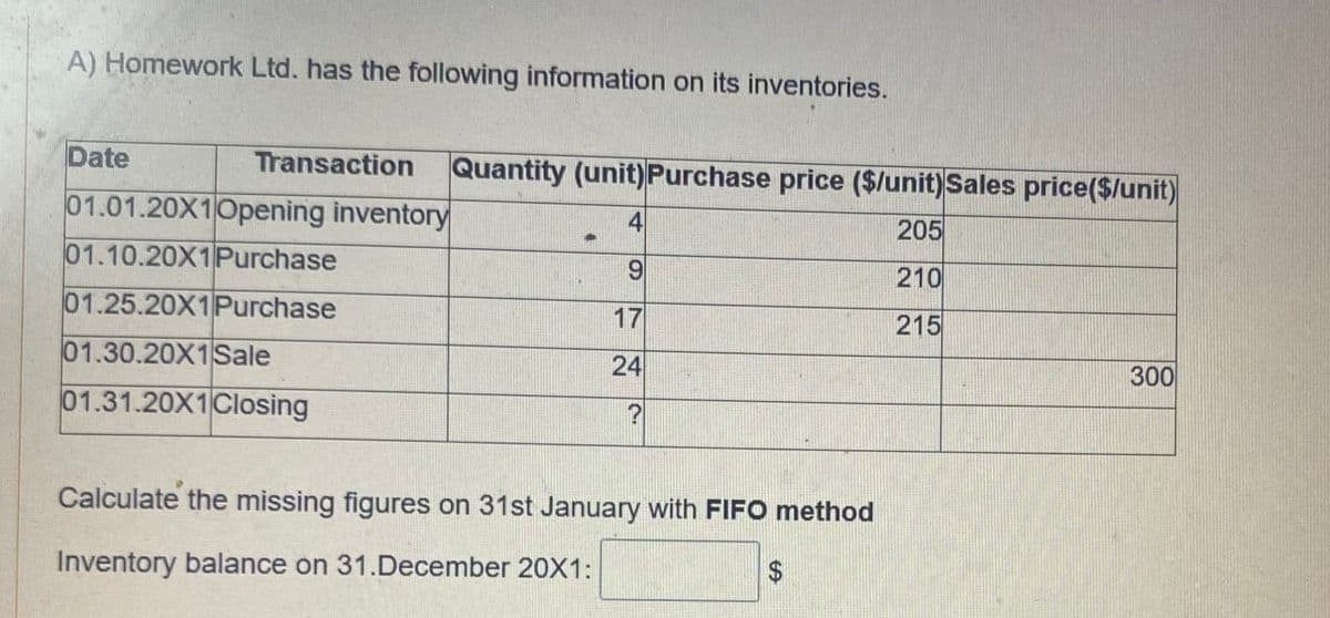 A) Homework Ltd. has the following information on its inventories.
Date
Transaction
01.01.20X1Opening inventory
01.10.20X1 Purchase
01.25.20X1 Purchase
01.30.20X1Sale
01.31.20X1 Closing
Quantity (unit) Purchase price ($/unit)Sales price($/unit)
4
205
9
210
17
215
24
300
?
Calculate the missing figures on 31st January with FIFO method
Inventory balance on 31.December 20X1:
$