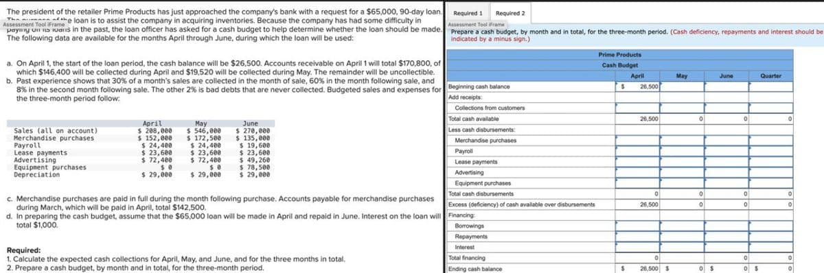Required 2
Prepare a cash budget, by month and in total, for the three-month period. (Cash deficiency, repayments and interest should be
indicated by a minus sign.)
Prime Products
Cash Budget
April
May
June
Quarter
$
26,500
Assessment Tool iFrame
Assessment Tool iFrame
The president of the retailer Prime Products has just approached the company's bank with a request for a $65,000, 90-day loan. Required 1
the loan is to assist the company in acquiring inventories. Because the company has had some difficulty in
paying vil its loans in the past, the loan officer has asked for a cash budget to help determine whether the loan should be made.
The following data are available for the months April through June, during which the loan will be used:
a. On April 1, the start of the loan period, the cash balance will be $26,500. Accounts receivable on April 1 will total $170,800, of
which $146,400 will be collected during April and $19,520 will be collected during May. The remainder will be uncollectible.
b. Past experience shows that 30% of a month's sales are collected in the month of sale, 60% in the month following sale, and
8% in the second month following sale. The other 2% is bad debts that are never collected. Budgeted sales and expenses for Beginning cash balance
the three-month period follow:
Merchandise purchases
Payroll
Lease payments
April
May
June
Sales (all on account)
$ 208,000
$ 546,000
$ 270,000
$ 152,000
$ 172,500
$ 135,000
$ 24,400
$ 24,400
$ 19,600
$ 23,600
$ 23,600
$ 23,600
$ 72,400
$ 72,400
$ 49,260
$ 0
$ 0
$ 78,500
$ 29,000
$ 29,000
$ 29,000
Advertising
Equipment purchases
Depreciation
Add receipts:
Collections from customers
Total cash available
Less cash disbursements:
Merchandise purchases
Payroll
Lease payments
Advertising
Equipment purchases
26,500
0
Total cash disbursements
0
0
0
0
Excess (deficiency) of cash available over disbursements
26,500
0
0
0
c. Merchandise purchases are paid in full during the month following purchase. Accounts payable for merchandise purchases
during March, which will be paid in April, total $142,500.
d. In preparing the cash budget, assume that the $65,000 loan will be made in April and repaid in June. Interest on the loan will Financing:
total $1,000.
Required:
1. Calculate the expected cash collections for April, May, and June, and for the three months in total.
2. Prepare a cash budget, by month and in total, for the three-month period.
Borrowings
Repayments
Interest
Total financing
Ending cash balance
0
$
26,500 $
$
°
$
0