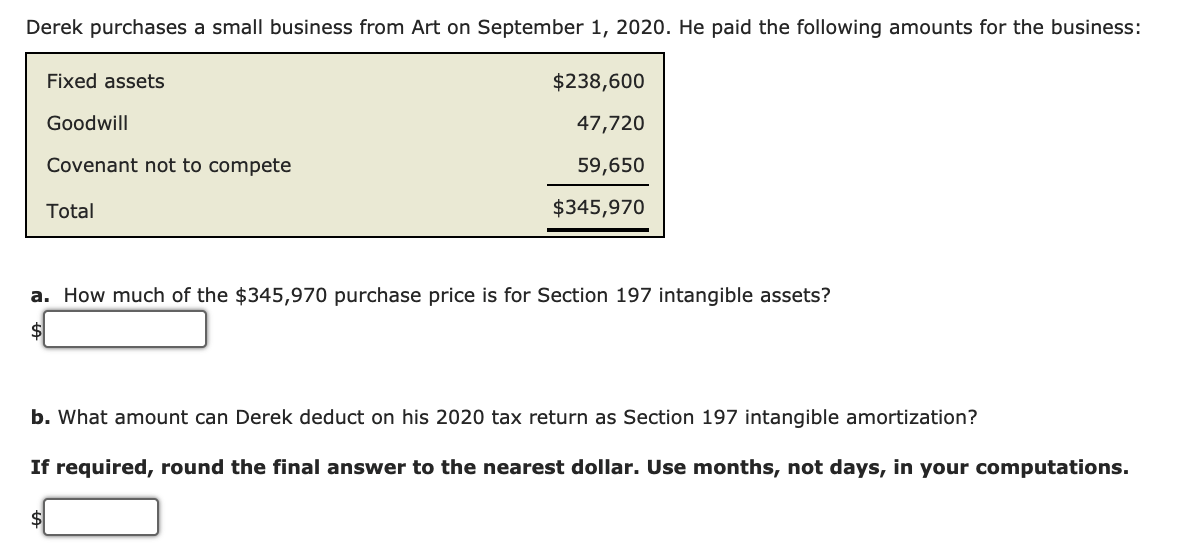 Derek purchases a small business from Art on September 1, 2020. He paid the following amounts for the business:
Fixed assets
$238,600
Goodwill
47,720
Covenant not to compete
59,650
Total
$345,970
a. How much of the $345,970 purchase price is for Section 197 intangible assets?
$4
b. What amount can Derek deduct on his 2020 tax return as Section 197 intangible amortization?
If required, round the final answer to the nearest dollar. Use months, not days, in your computations.
$
