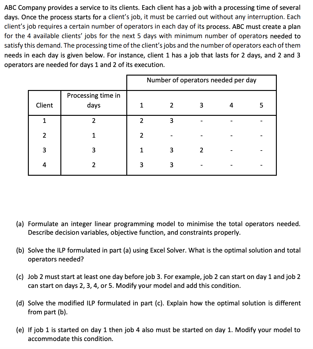 ABC Company provides a service to its clients. Each client has a job with a processing time of several
days. Once the process starts for a client's job, it must be carried out without any interruption. Each
client's job requires a certain number of operators in each day of its process. ABC must create a plan
for the 4 available clients' jobs for the next 5 days with minimum number of operators needed to
satisfy this demand. The processing time of the client's jobs and the number of operators each of them
needs in each day is given below. For instance, client 1 has a job that lasts for 2 days, and 2 and 3
operators are needed for days 1 and 2 of its execution.
Number of operators needed per day
Client
1
2
3
4
Processing time in
days
2
1
3
2
1
2
2
1
3
2
3
3
3
3
2
4
5
(a) Formulate an integer linear programming model to minimise the total operators needed.
Describe decision variables, objective function, and constraints properly.
(b) Solve the ILP formulated in part (a) using Excel Solver. What is the optimal solution and total
operators needed?
(c) Job 2 must start at least one day before job 3. For example, job 2 can start on day 1 and job 2
can start on days 2, 3, 4, or 5. Modify your model and add this condition.
(d) Solve the modified ILP formulated in part (c). Explain how the optimal solution is different
from part (b).
(e) If job 1 is started on day 1 then job 4 also must be started on day 1. Modify your model to
accommodate this condition.