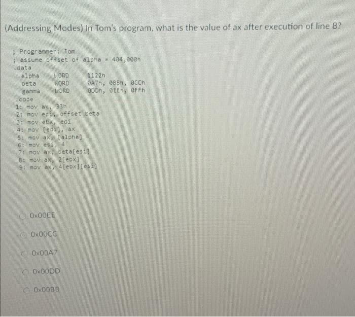 (Addressing Modes) In Tom's program, what is the value of ax after execution of line 8?
E Programner: Tom
assune ofset of alpna 404, e0en
idata
VORO
NORD
NORD
alpha
1122n
BA7H, O65n, ecch
ooon, BEEN, OFFH
DEta
gemma
code
1: mov aX.33h
2:mOv ec offset beta
4: mov teai, ax
6: mov es 4
7: mov ax, betalesi)
8: mov ax, 2 ecx]
9: mov ax,4leck]lesi)
C OX00EE
C OX00CC
C OX00A7
C OX0ODD
Ow0OBB
