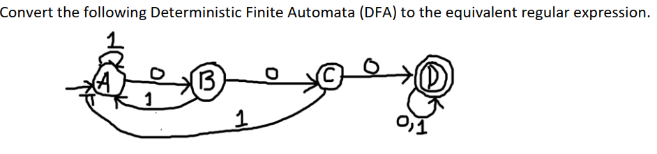 Convert the following Deterministic Finite Automata (DFA) to the equivalent regular expression.
(3,
