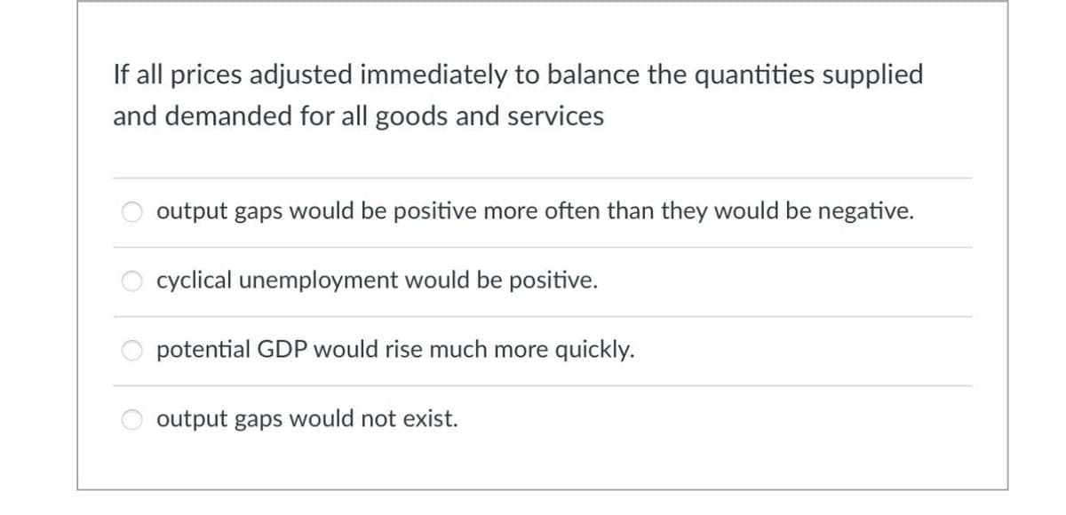If all prices adjusted immediately to balance the quantities supplied
and demanded for all goods and services
output gaps would be positive more often than they would be negative.
cyclical unemployment would be positive.
potential GDP would rise much more quickly.
output gaps would not exist.