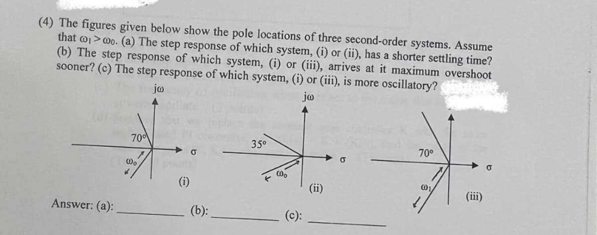 (4) The figures given below show the pole locations of three second-order systems. Assume
that o>0o. (a) The step response of which system, (i) or (ii), has a shorter settling time?
(b) The step response of which system, (i) or (iii), arrives at it maximum overshoot
sooner? (c) The step response of which system, (i) or (iii), is more oscillatory?
jo
jo
700
35°
70°
Wo
Wo
(i)
(ii)
(iii)
Answer: (a):
(b):
(c):
