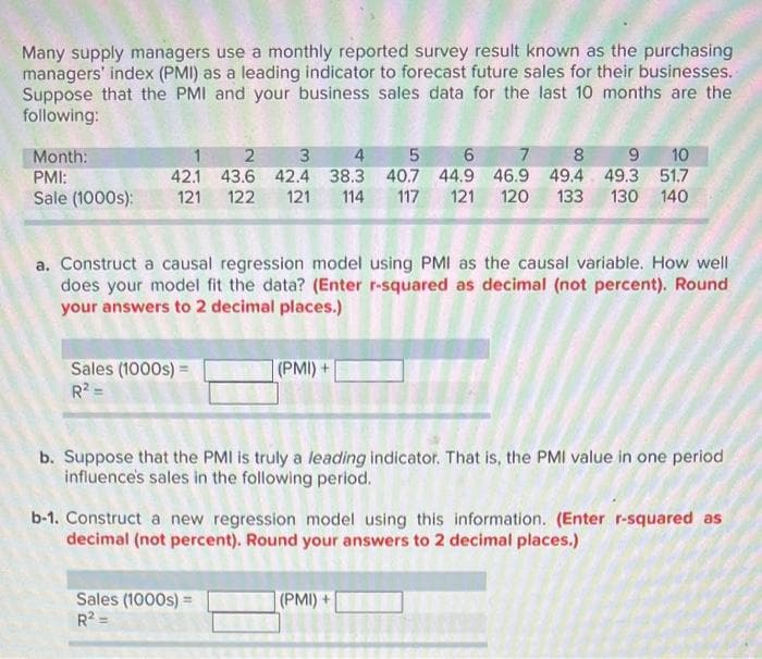 Many supply managers use a monthly reported survey result known as the purchasing
managers' index (PMI) as a leading indicator to forecast future sales for their businesses.
Suppose that the PMI and your business sales data for the last 10 months are the
following:
2 3 4 5 6 7 8 9 10
42.1 43.6 42.4 38.3 40.7 44.9 46.9 49.4 49.3 51.7
117
Month:
PMI:
Sale (1000s):
121
122
121
114
121
120
133
130 140
a. Construct a causal regression model using PMIl as the causal variable. How well
does your model fit the data? (Enter r-squared as decimal (not percent). Round
your answers to 2 decimal places.)
Sales (1000s) =
R? =
(PMI) +
b. Suppose that the PMI is truly a leading indicator. That is, the PMI value in one period
influences sales in the following period.
b-1. Construct a new regression model using this information. (Enter r-squared as
decimal (not percent). Round your answers to 2 decimal places.)
Sales (1000s)
R2 =
(PMI)+

