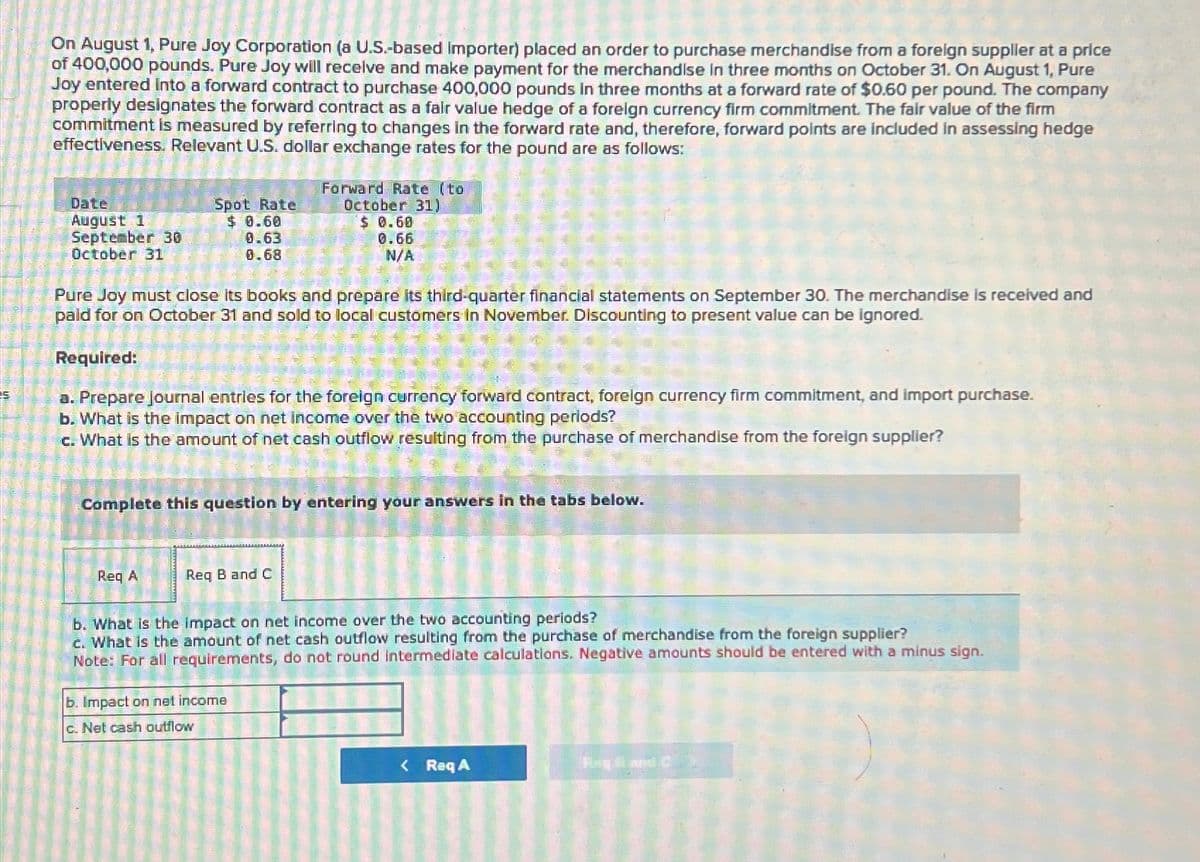 On August 1, Pure Joy Corporation (a U.S.-based Importer) placed an order to purchase merchandise from a foreign supplier at a price
of 400,000 pounds. Pure Joy will receive and make payment for the merchandise in three months on October 31. On August 1, Pure
Joy entered into a forward contract to purchase 400,000 pounds in three months at a forward rate of $0.60 per pound. The company
properly designates the forward contract as a fair value hedge of a foreign currency firm commitment. The fair value of the firm
commitment is measured by referring to changes in the forward rate and, therefore, forward points are included in assessing hedge
effectiveness. Relevant U.S. dollar exchange rates for the pound are as follows:
Date
August 1
September 30
October 31
Spot Rate
$ 0.60
0.63
0.68
Forward Rate (to
October 31)
$ 0.60
0.66
N/A
Pure Joy must close its books and prepare its third-quarter financial statements on September 30. The merchandise is received and
paid for on October 31 and sold to local customers in November. Discounting to present value can be ignored.
Required:
a. Prepare journal entries for the foreign currency forward contract, foreign currency firm commitment, and import purchase.
b. What is the impact on net income over the two accounting periods?
c. What is the amount of net cash outflow resulting from the purchase of merchandise from the foreign supplier?
Complete this question by entering your answers in the tabs below.
Req A
Req B and C
b. What is the impact on net income over the two accounting periods?
c. What is the amount of net cash outflow resulting from the purchase of merchandise from the foreign supplier?
Note: For all requirements, do not round intermediate calculations. Negative amounts should be entered with a minus sign.
b. Impact on net income
c. Net cash outflow
< Req A
Rag and