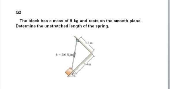 Q2
The block has a mass of 5 kg and rests on the smooth plane.
Determine the unstretched length of the spring.
0.3m
k- 200 N/m
0.4m
