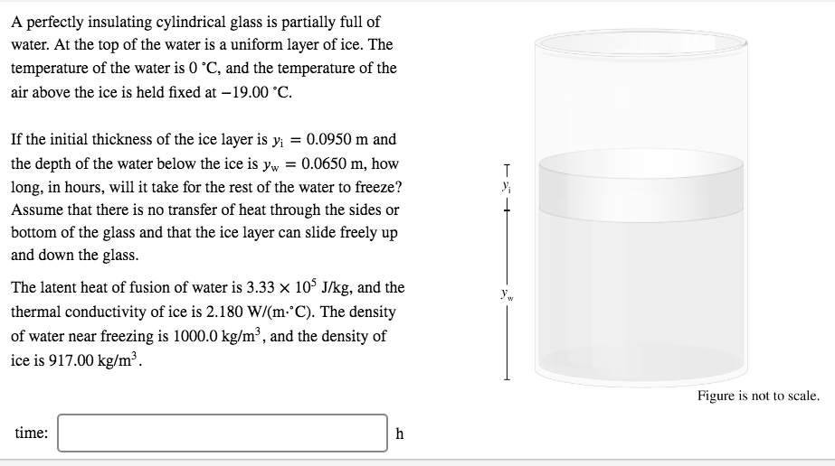 A perfectly insulating cylindrical glass is partially full of
water. At the top of the water is a uniform layer of ice. The
temperature of the water is 0 °C, and the temperature of the
air above the ice is held fixed at – 19.00 °C.
If the initial thickness of the ice layer is yi = 0.0950 m and
the depth of the water below the ice is Yw = 0.0650 m, how
long, in hours, will it take for the rest of the water to freeze?
Assume that there is no transfer of heat through the sides or
bottom of the glass and that the ice layer can slide freely up
and down the glass.
The latent heat of fusion of water is 3.33 x 10° J/kg, and the
thermal conductivity of ice is 2.180 W/(m-°C). The density
of water near freezing is 1000.0 kg/m³, and the density of
ice is 917.00 kg/m³.
