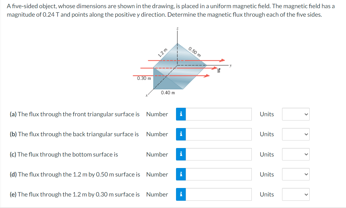 A five-sided object, whose dimensions are shown in the drawing, is placed in a uniform magnetic field. The magnetic field has a
magnitude of 0.24 T and points along the positive y direction. Determine the magnetic flux through each of the five sides.
0.30 m
1.2 m
0.40 m
0.50 m
B
(a) The flux through the front triangular surface is Number i
Units
(b) The flux through the back triangular surface is
Number
i
Units
(c) The flux through the bottom surface is
Number
i
Units
(d) The flux through the 1.2 m by 0.50 m surface is Number i
Units
(e) The flux through the 1.2 m by 0.30 m surface is Number i
Units