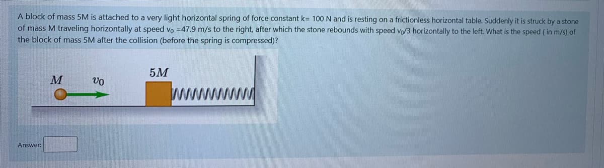 A block of mass 5M is attached to a very light horizontal spring of force constant k= 100 N and is resting on a frictionless horizontal table. Suddenly it is struck by a stone
of mass M traveling horizontally at speed vo =47.9 m/s to the right, after which the stone rebounds with speed vo/3 horizontally to the left. What is the speed ( in m/s) of
the block of mass 5M after the collision (before the spring is compressed)?
5M
vo
wwww
Answer:
