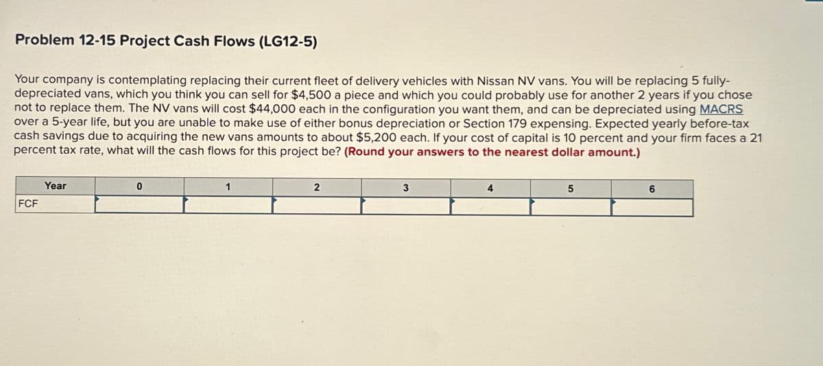 Problem 12-15 Project Cash Flows (LG12-5)
Your company is contemplating replacing their current fleet of delivery vehicles with Nissan NV vans. You will be replacing 5 fully-
depreciated vans, which you think you can sell for $4,500 a piece and which you could probably use for another 2 years if you chose
not to replace them. The NV vans will cost $44,000 each in the configuration you want them, and can be depreciated using MACRS
over a 5-year life, but you are unable to make use of either bonus depreciation or Section 179 expensing. Expected yearly before-tax
cash savings due to acquiring the new vans amounts to about $5,200 each. If your cost of capital is 10 percent and your firm faces a 21
percent tax rate, what will the cash flows for this project be? (Round your answers to the nearest dollar amount.)
Year
FCF
0
2
3
4
5
6