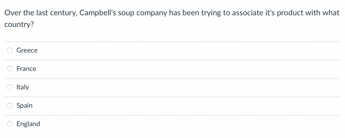 Over the last century, Campbell's soup company has been trying to associate it's product with what
country?
Greece
France
Italy
Spain
England