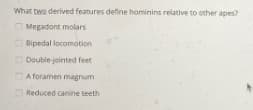 What bwo derived features define hominins relative to other apes?
OMegadont molars
OBipedal locomotion
O Double jointed feet
OA foramen magnum
OReduced canine teeth
