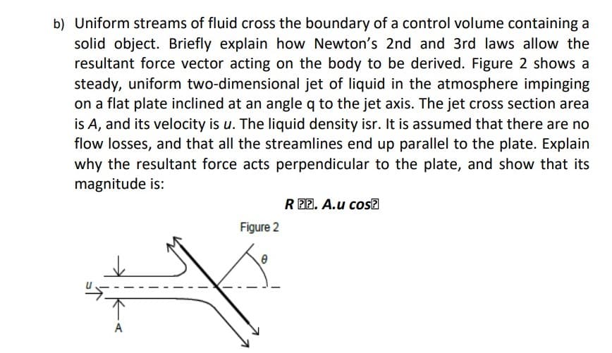b) Uniform streams of fluid cross the boundary of a control volume containing a
solid object. Briefly explain how Newton's 2nd and 3rd laws allow the
resultant force vector acting on the body to be derived. Figure 2 shows a
steady, uniform two-dimensional jet of liquid in the atmosphere impinging
on a flat plate inclined at an angle q to the jet axis. The jet cross section area
is A, and its velocity is u. The liquid density isr. It is assumed that there are no
flow losses, and that all the streamlines end up parallel to the plate. Explain
why the resultant force acts perpendicular to the plate, and show that its
magnitude is:
R P2. A.u cosa
Figure 2
A
