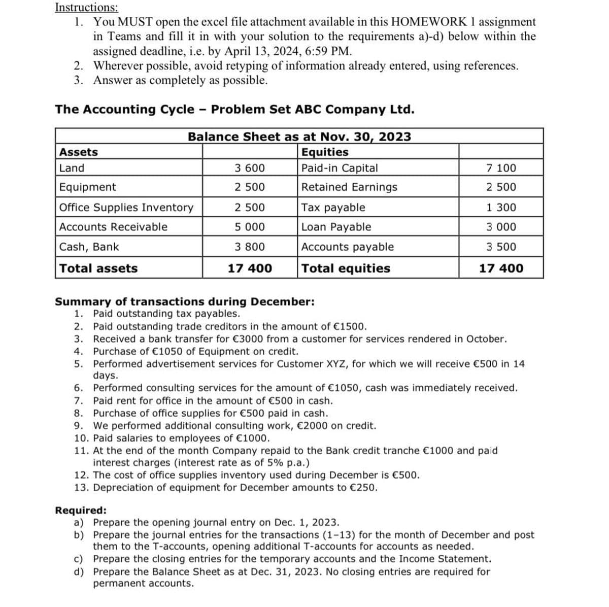 Instructions:
1. You MUST open the excel file attachment available in this HOMEWORK 1 assignment
in Teams and fill it in with your solution to the requirements a)-d) below within the
assigned deadline, i.e. by April 13, 2024, 6:59 PM.
2. Wherever possible, avoid retyping of information already entered, using references.
3. Answer as completely as possible.
The Accounting Cycle - Problem Set ABC Company Ltd.
Balance Sheet as at Nov. 30, 2023
Assets
Land
Equities
3 600
Paid-in Capital
7 100
Equipment
2 500
Retained Earnings
2 500
Office Supplies Inventory
2 500
Tax payable
1 300
Accounts Receivable
5 000
Loan Payable
3 000
Cash, Bank
3 800
Accounts payable
3 500
Total assets
17 400
Total equities
17 400
Summary of transactions during December:
1. Paid outstanding tax payables.
2. Paid outstanding trade creditors in the amount of €1500.
3.
Received a bank transfer for €3000 from a customer for services rendered in October.
4. Purchase of €1050 of Equipment on credit.
5. Performed advertisement services for Customer XYZ, for which we will receive €500 in 14
days.
6. Performed consulting services for the amount of €1050, cash was immediately received.
7. Paid rent for office in the amount of €500 in cash.
8. Purchase of office supplies for €500 paid in cash.
9. We performed additional consulting work, €2000 on credit.
10. Paid salaries to employees of €1000.
11. At the end of the month Company repaid to the Bank credit tranche €1000 and paid
interest charges (interest rate as of 5% p.a.)
12. The cost of office supplies inventory used during December is €500.
13. Depreciation of equipment for December amounts to €250.
Required:
a) Prepare the opening journal entry on Dec. 1, 2023.
b) Prepare the journal entries for the transactions (1-13) for the month of December and post
them to the T-accounts, opening additional T-accounts for accounts as needed.
c) Prepare the closing entries for the temporary accounts and the Income Statement.
d) Prepare the Balance Sheet as at Dec. 31, 2023. No closing entries are required for
permanent accounts.