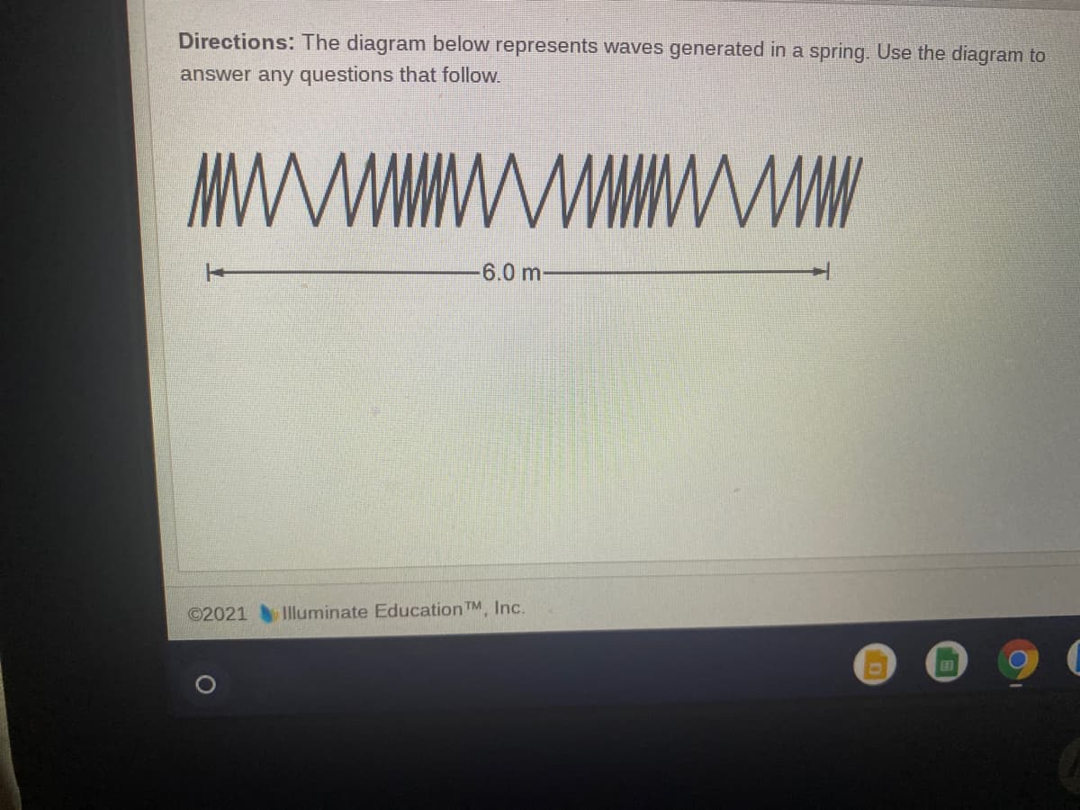 Directions: The diagram below represents waves generated in a spring. Use the diagram to
answer any questions that follow.
6.0 m
©2021
Illuminate Education TM Inc.
1O
