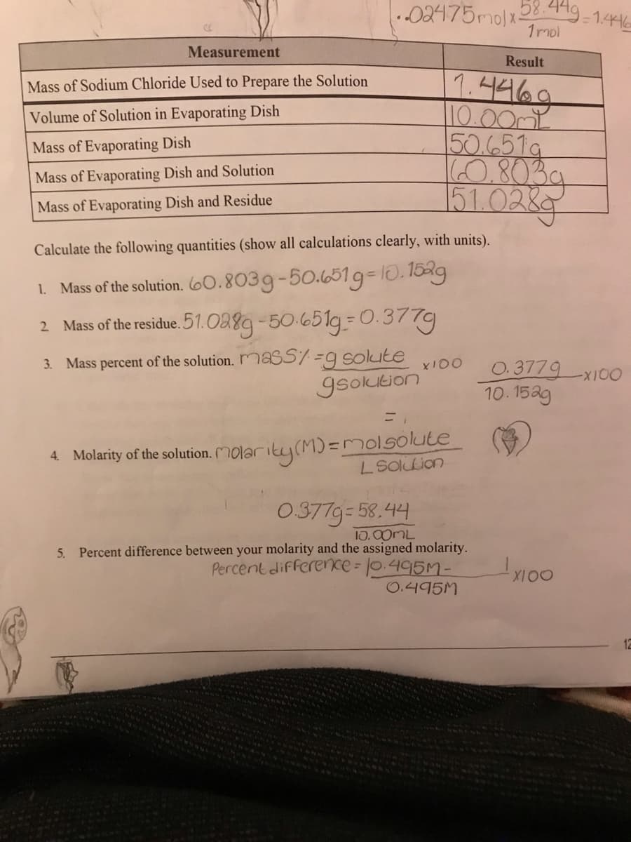 Measurement
Mass of Sodium Chloride Used to Prepare the Solution
Volume of Solution in Evaporating Dish
Mass of Evaporating Dish
Mass of Evaporating Dish and Solution
Mass of Evaporating Dish and Residue
•.02475molx 58.449=1.446-
1mol
Result
7.4469
110.00mL
50.651
60.803g
151.0289
Calculate the following quantities (show all calculations clearly, with units).
1. Mass of the solution. 60.8039-50.6519-10.152g
2 Mass of the residue. 51.0289-50-651g=0.3779
3. Mass percent of the solution. mass/ -g solute
gsolution
x100
4. Molarity of the solution. Olarity (M)= molsolute
L Solution
03779=58.44
10.00ML
5. Percent difference between your molarity and the assigned molarity.
Percent difference = 10.495M-
0.495M
0.3779 x100
10.152g
X100
12