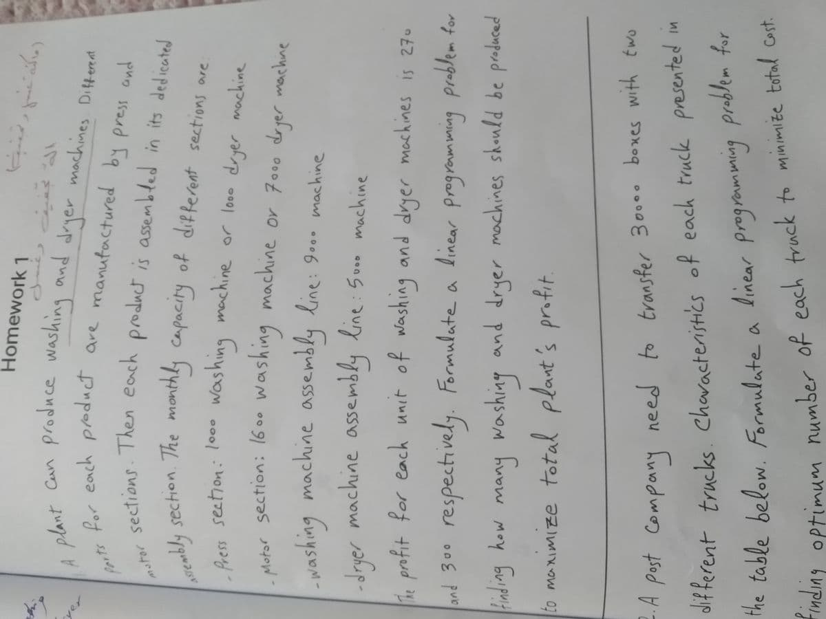 Parts for each product
Homework 1
n produce dryer
plant Can
for each product
castiens Then each product is assembled in its dedicated
washing and
dryer
A
machines. Difterent
are manufactured by press and
motor
ly sechon. The
the
monthly capacity of different sections are:
washing machine or looo dryer machine
Press section:
100
- Motor section: 1600 washing
machine or 7o00 drjer machine
machine assembly line: goo0 machine
washing
druer machine assembly line: 5000 machine
washing
1, profit for each unct of washing and dryer machines is 270
and 300 respectively. Formulate a
linear programming problem for
Find ing how many washing and dryer machines should be produced
many washing
to maximize
total plant's profit.
2.A
A Post Company need to transfer 30000 boxes with two
each truck presented
of
olifferent trucks. Chavactenistics
problem for
The table below. Formulate a linear programming
each truck to
optimum nunber of minimIze total Cost.
