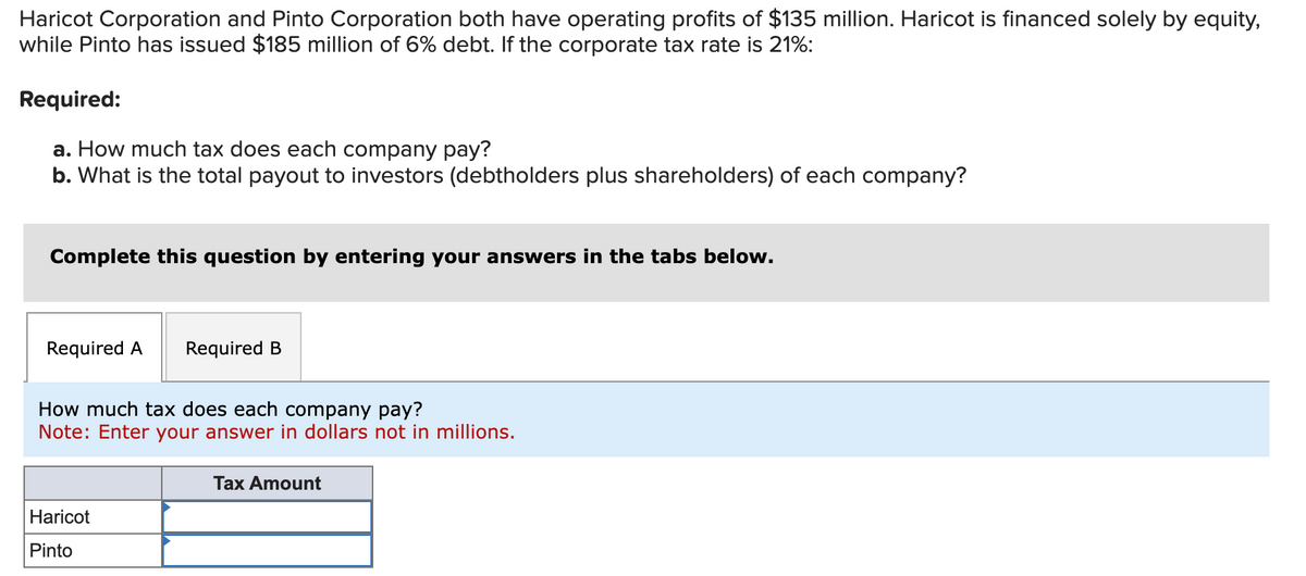 Haricot Corporation and Pinto Corporation both have operating profits of $135 million. Haricot is financed solely by equity,
while Pinto has issued $185 million of 6% debt. If the corporate tax rate is 21%:
Required:
a. How much tax does each company pay?
b. What is the total payout to investors (debtholders plus shareholders) of each company?
Complete this question by entering your answers in the tabs below.
Required A Required B
How much tax does each company pay?
Note: Enter your answer in dollars not in millions.
Haricot
Pinto
Tax Amount