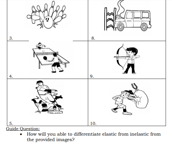 3.
8.
4.
5.
10.
Guide Question:
How will you able to differentiate elastic from inelastic from
the provided images?

