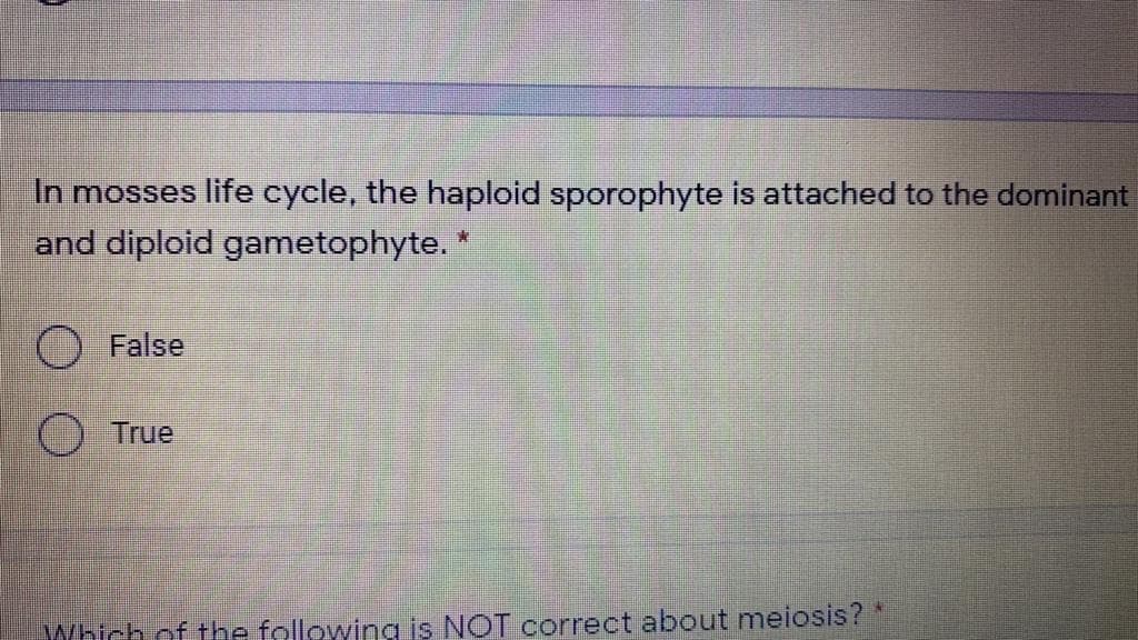 In mosses life cycle, the haploid sporophyte is attached to the dominant
and diploid gametophyte. *
False
O True
Which of the following is NOT correct about meiosis? *
