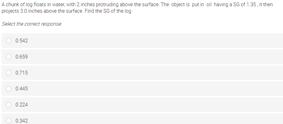 A chunk of log floats in water, with 2 inches protruding above the surface. The object is put in oil having a SG of 1.35 , it then
projects 3.0 inches above the surface. Find the SG of the log.
Select the correct response:
0.542
0.659
0.715
0.445
0.224
0.342
