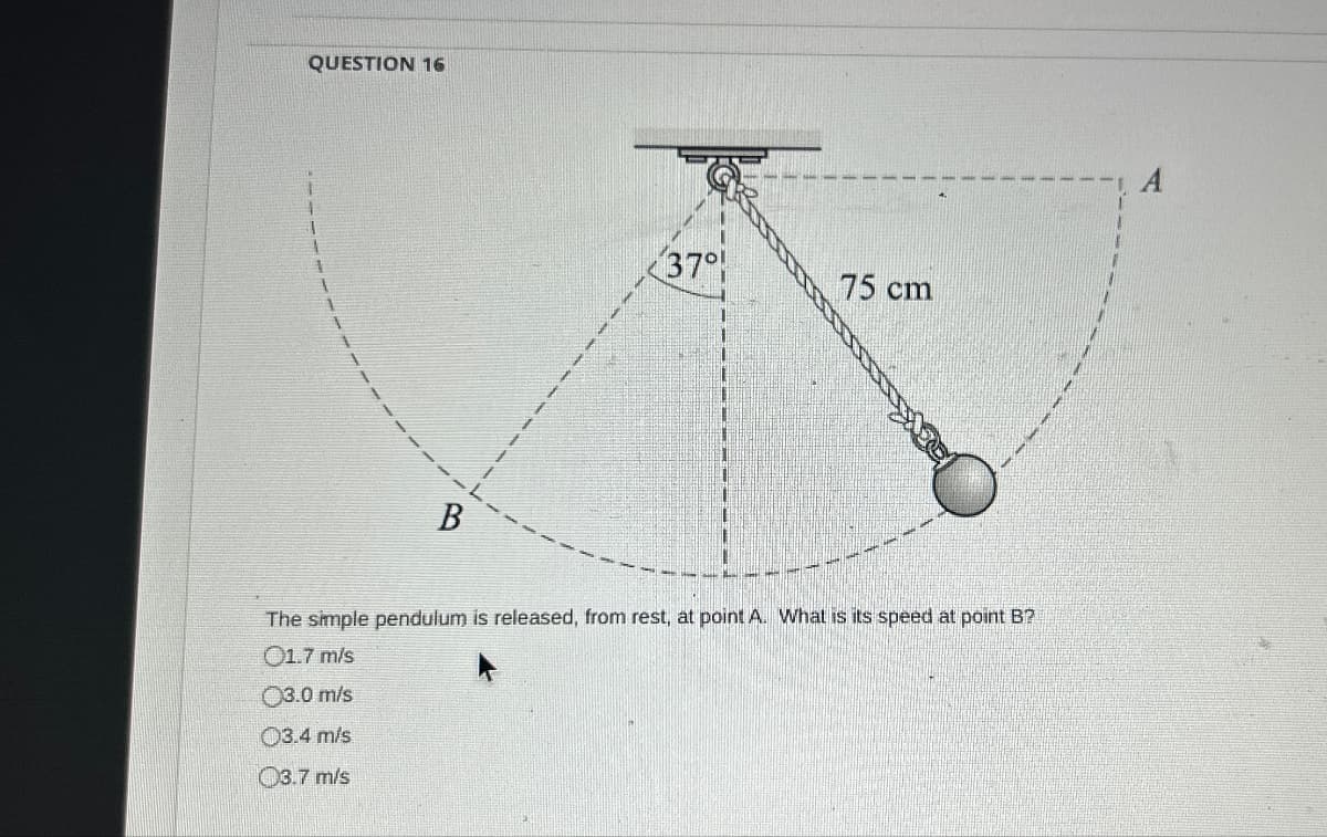 QUESTION 16
-----
1
1
37°
75 cm
B
The simple pendulum is released, from rest, at point A. What is its speed at point B?
01.7 m/s
03.0 m/s
03.4 m/s
03.7 m/s
