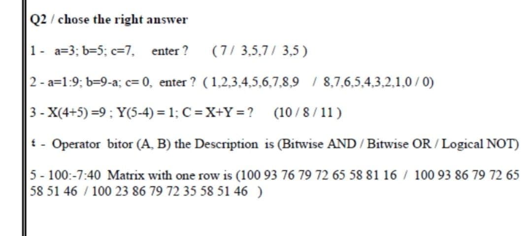 Q2 / chose the right answer
1- a=3; b=5; c=7,
enter ?
(7/ 3,5,7/ 3,5)
2 - a=1:9; b=9-a; c= 0, enter ? ( 1,2,3,4,5,6,7,8,9 / 8,7,6,5,4,3,2,1,0 / 0)
3 - X(4+5) =9; Y(5-4) = 1; C = X+Y = ?
(10 /8/ 11)
{ - Operator bitor (A, B) the Description is (Bitwise AND / Bitwise OR / Logical NOT)
5 - 100:-7:40 Matrix with one row is (100 93 76 79 72 65 58 81 16 / 100 93 86 79 72 65
58 51 46 / 100 23 86 79 72 35 58 51 46 )
