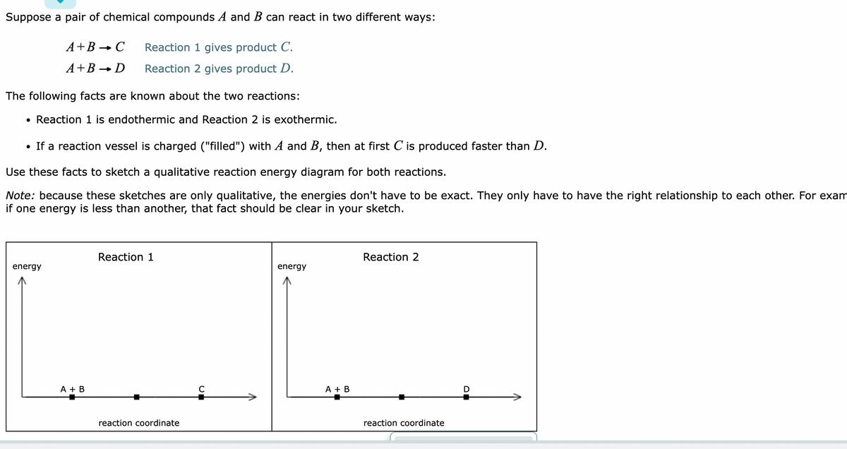 Suppose a pair of chemical compounds A and B can react in two different ways:
A+B → C
Reaction 1 gives product C.
A+B → D
Reaction 2 gives product D.
The following facts are known about the two reactions:
●
Reaction 1 is endothermic and Reaction 2 is exothermic.
• If a reaction vessel is charged ("filled") with A and B, then at first C is produced faster than D.
Use these facts to sketch a qualitative reaction energy diagram for both reactions.
Note: because these sketches are only qualitative, the energies don't have to be exact. They only have to have the right relationship to each other. For exam
if one energy is less than another, that fact should be clear in your sketch.
Reaction 1
Reaction 2
energy
energy
reaction coordinate
A + B
A + B
reaction coordinate
D