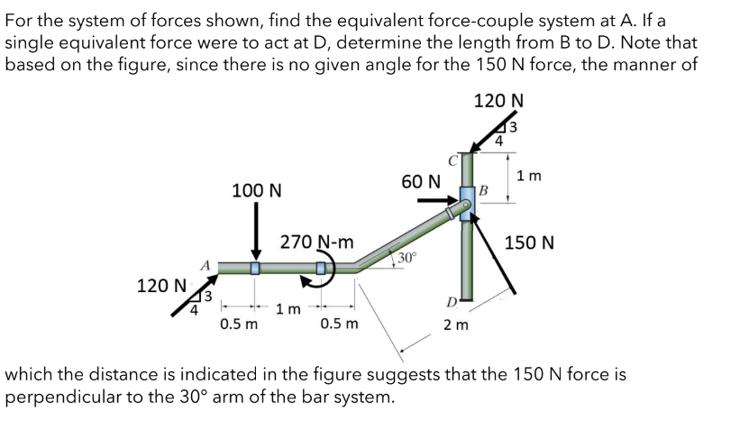For the system of forces shown, find the equivalent force-couple system at A. If a
single equivalent force were to act at D, determine the length from B to D. Note that
based on the figure, since there is no given angle for the 150 N force, the manner of
120 N
100 N
60 N
B
1m
270 N-m
150 N
120 N
D
1 m
0.5 m
0.5 m
2 m
which the distance is indicated in the figure suggests that the 150 N force is
perpendicular to the 30° arm of the bar system.
A
30°
