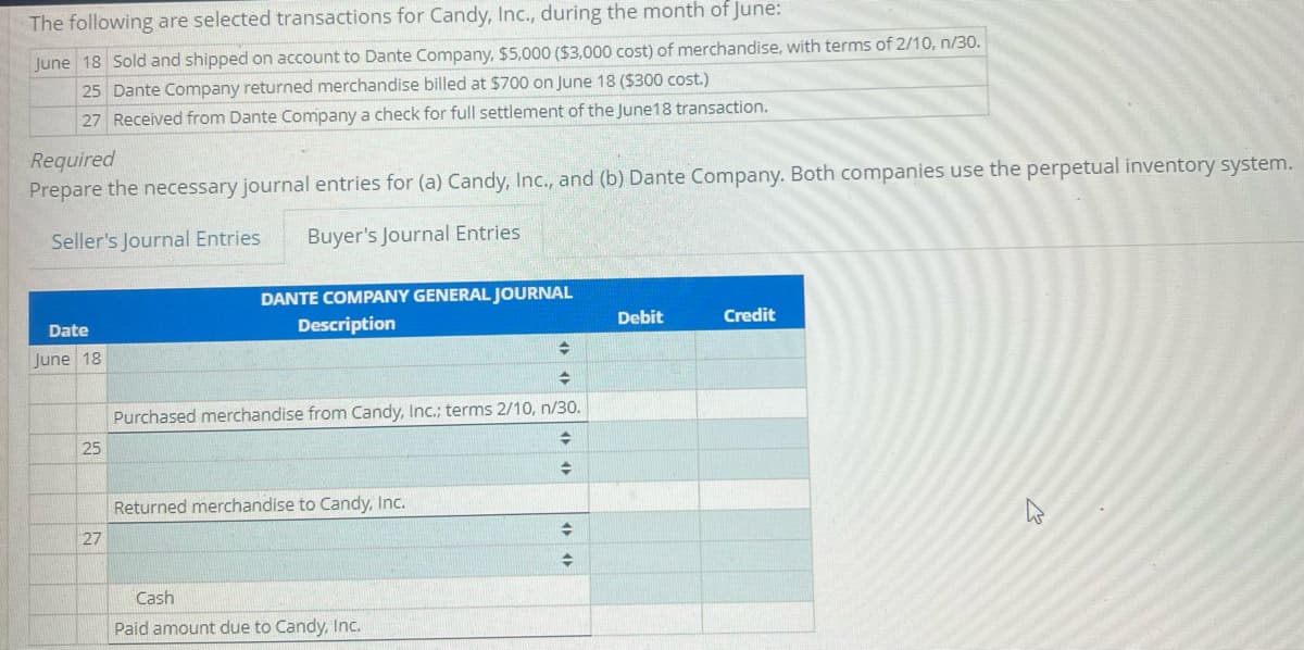 The following are selected transactions for Candy, Inc., during the month of June:
June 18 Sold and shipped on account to Dante Company, $5,000 ($3,000 cost) of merchandise, with terms of 2/10, n/30.
25 Dante Company returned merchandise billed at $700 on June 18 ($300 cost.)
27 Received from Dante Company a check for full settlement of the June18 transaction.
Required
Prepare the necessary journal entries for (a) Candy, Inc., and (b) Dante Company. Both companies use the perpetual inventory system.
Seller's Journal Entries Buyer's Journal Entries
DANTE COMPANY GENERAL JOURNAL
Description
Debit
Credit
Date
June 18
→
→
Purchased merchandise from Candy, Inc.; terms 2/10, n/30.
◆
25
→
Returned merchandise to Candy, Inc.
→
→
Cash
Paid amount due to Candy, Inc.
27